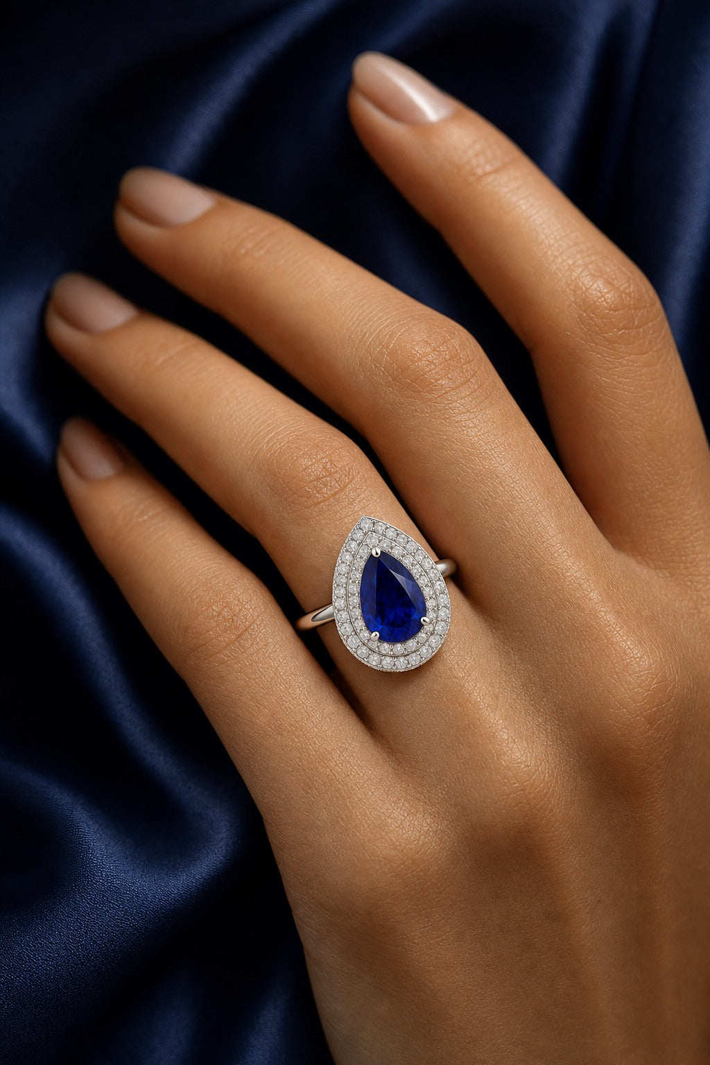 Pear sapphire double-halo ring on navy silk