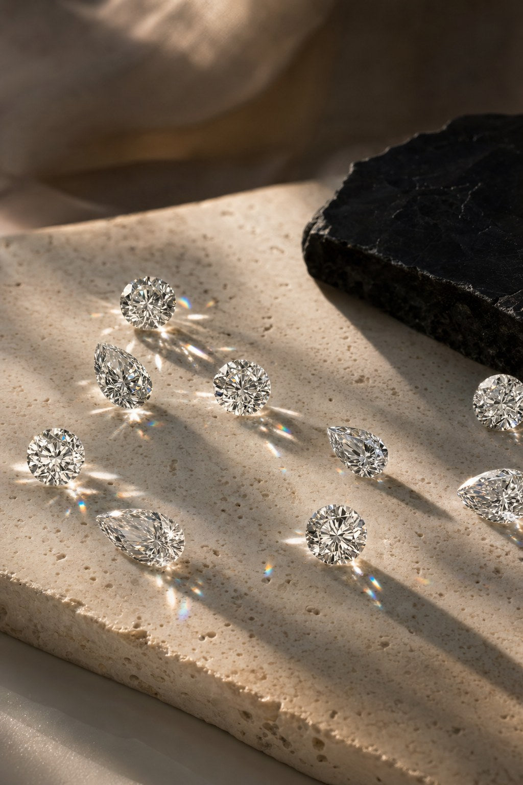 Brilliant diamonds on travertine