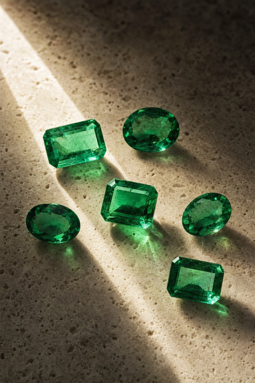 Loose Colombian emeralds on ivory travertine