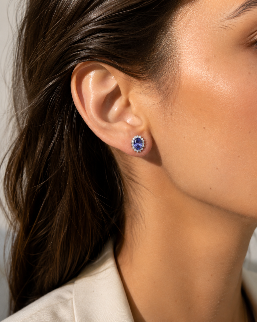 Lady D Tanzanite Halo Studs — 14K White Gold | One of a Kind