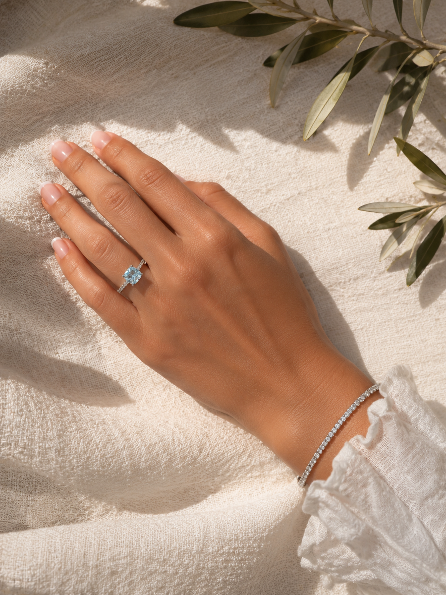 "Ivanna" Natural Aquamarine Cushion Ring
