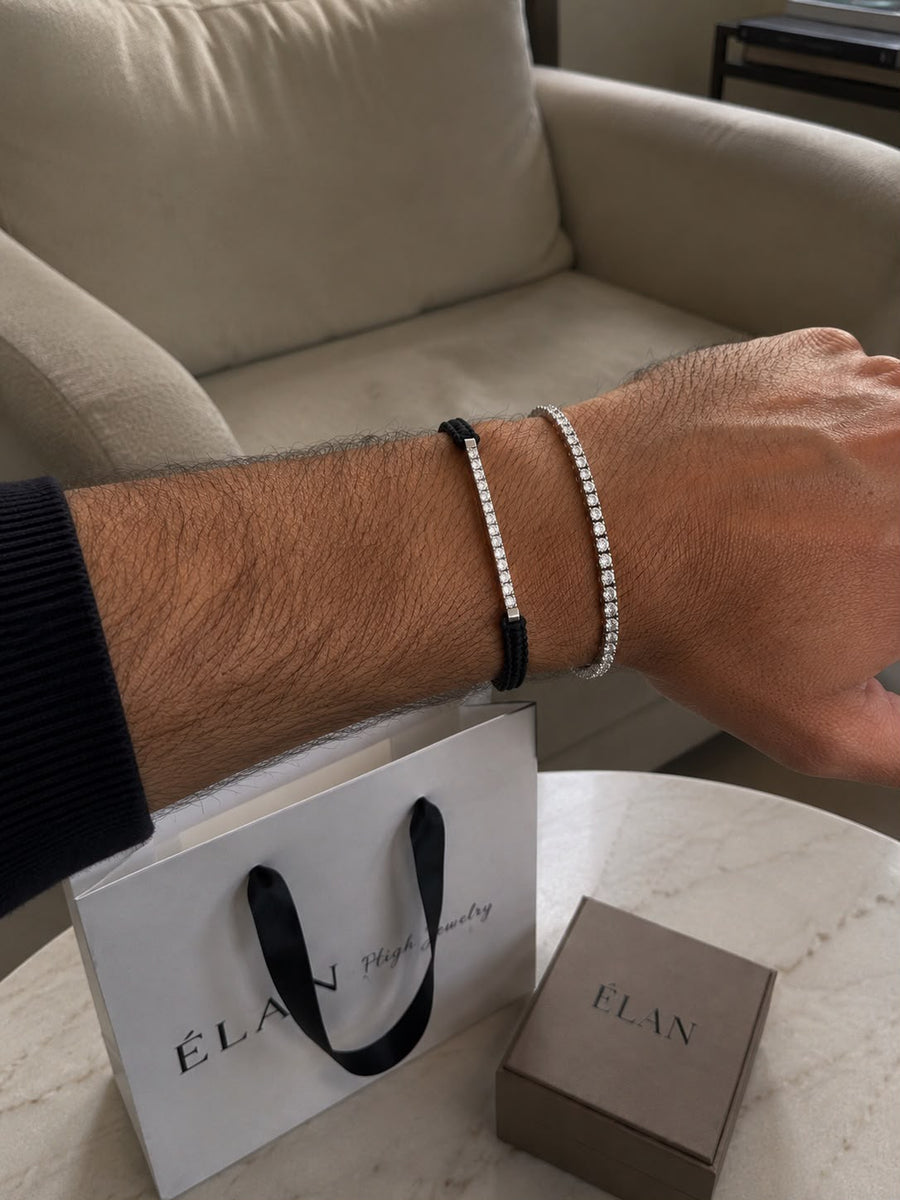Diamond Bar Cord Bracelet stacked with a diamond tennis bracelet