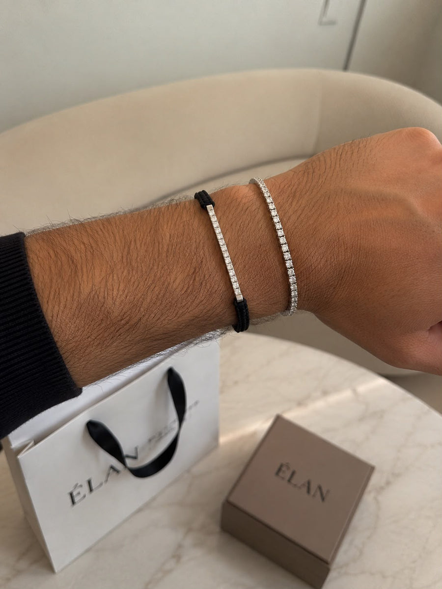Diamond Bar Cord Bracelet stacked, with Maison ÉLAN packaging