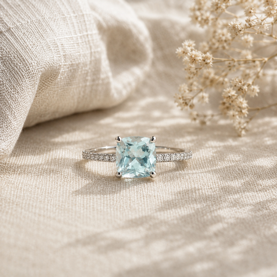 "Ivanna" Natural Aquamarine Cushion Ring