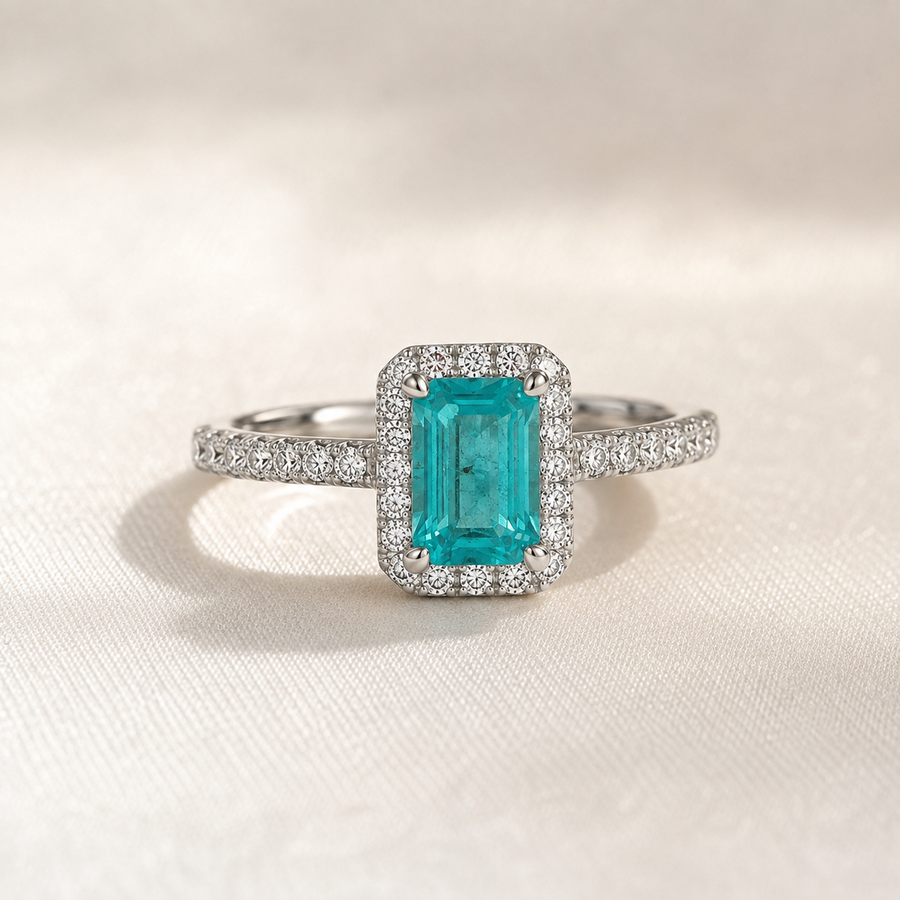 Paraíba Emerald Cut Halo Ring