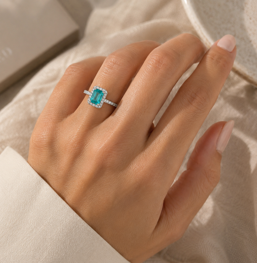 Paraíba Emerald Cut Halo Ring