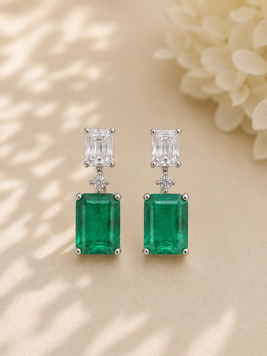 Emerald Cut Fine Lab-Grown Emerald Drop Earrings