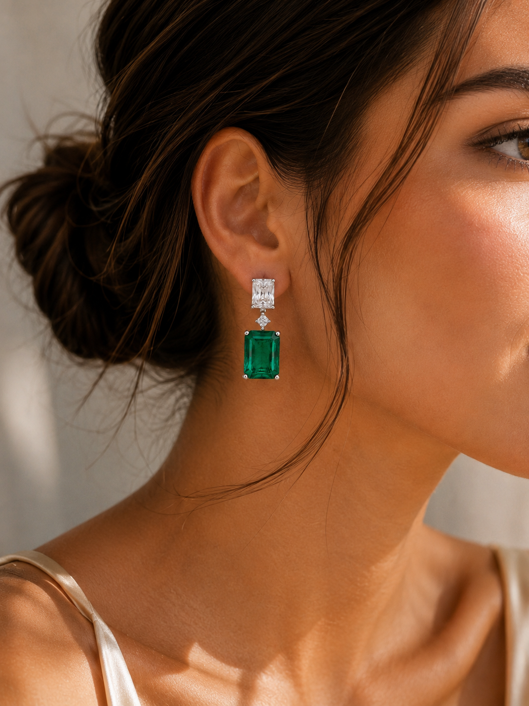 Emerald Cut Fine Lab-Grown Emerald Drop Earrings