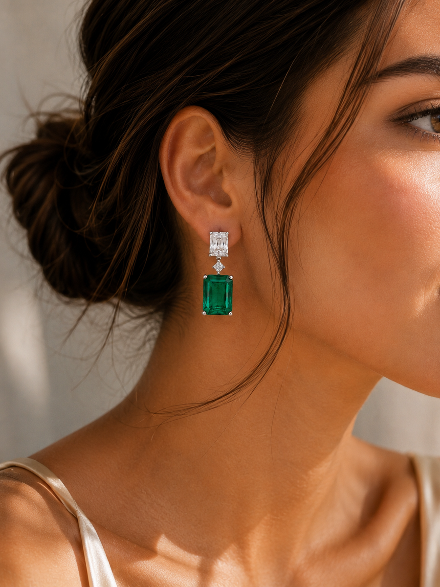 Emerald Cut Fine Lab-Grown Emerald Drop Earrings