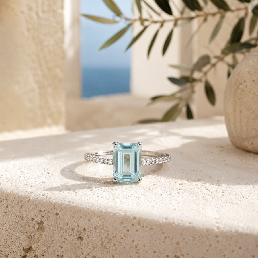 "Chiara" Aquamarine Emerald Cut Solitaire Ring