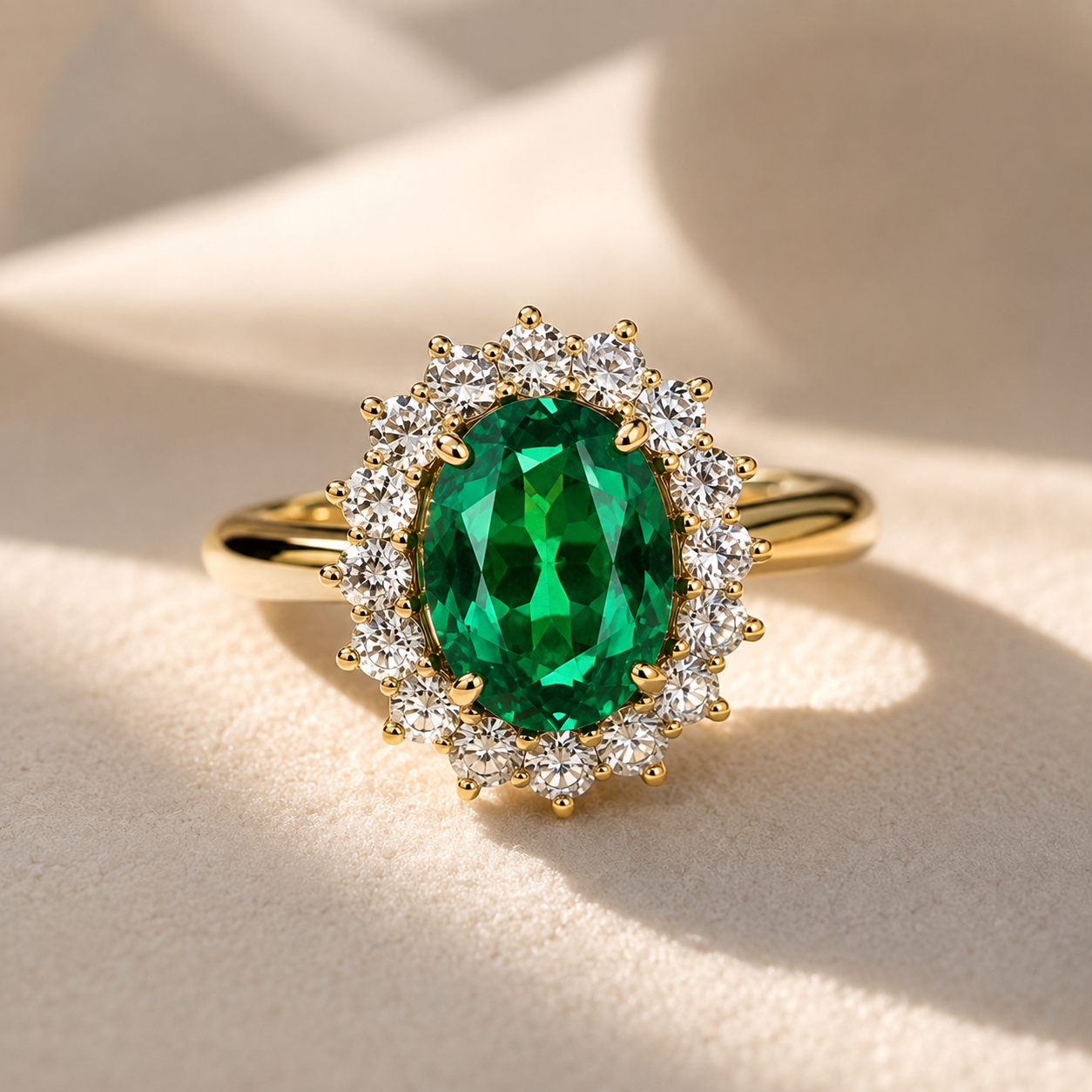 A gold ring featuring a large oval-cut green emerald-cut center stone surrounded by a halo of small clear stones, displayed on a soft beige textured surface.