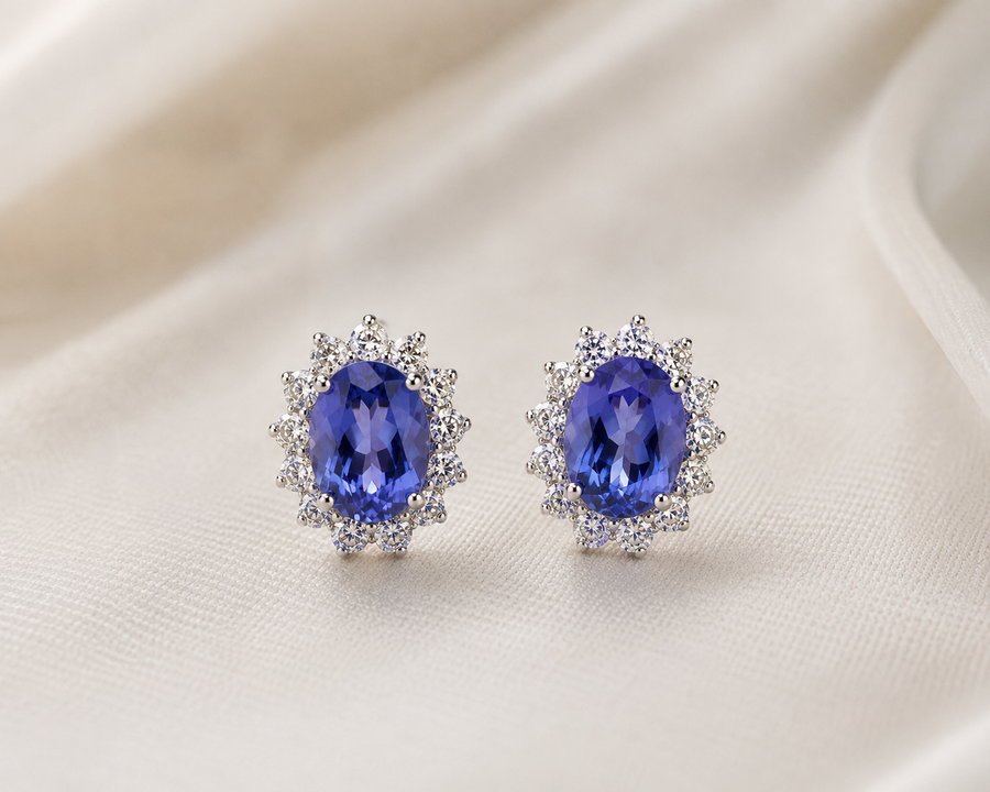 Lady D Tanzanite Halo Studs — 14K White Gold | One of a Kind