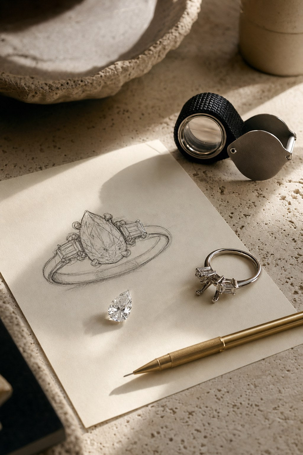 Bespoke engagement ring sketch with a pear diamond