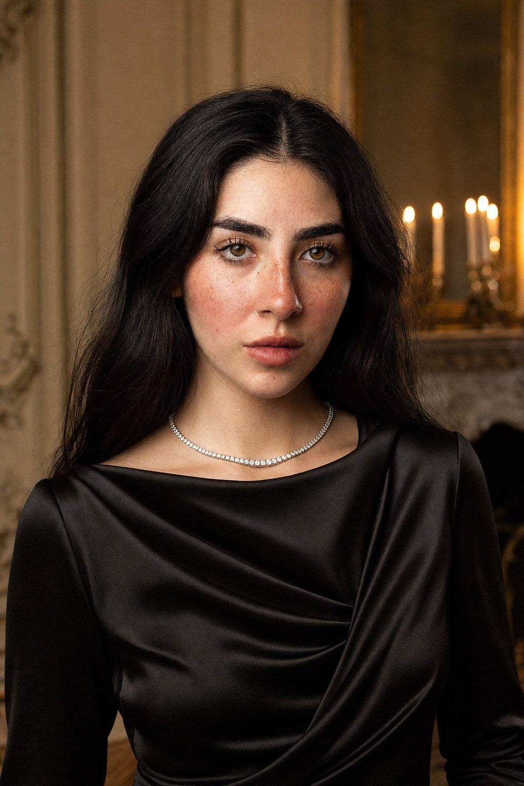 Diamond rivière necklace worn with a black silk gown
