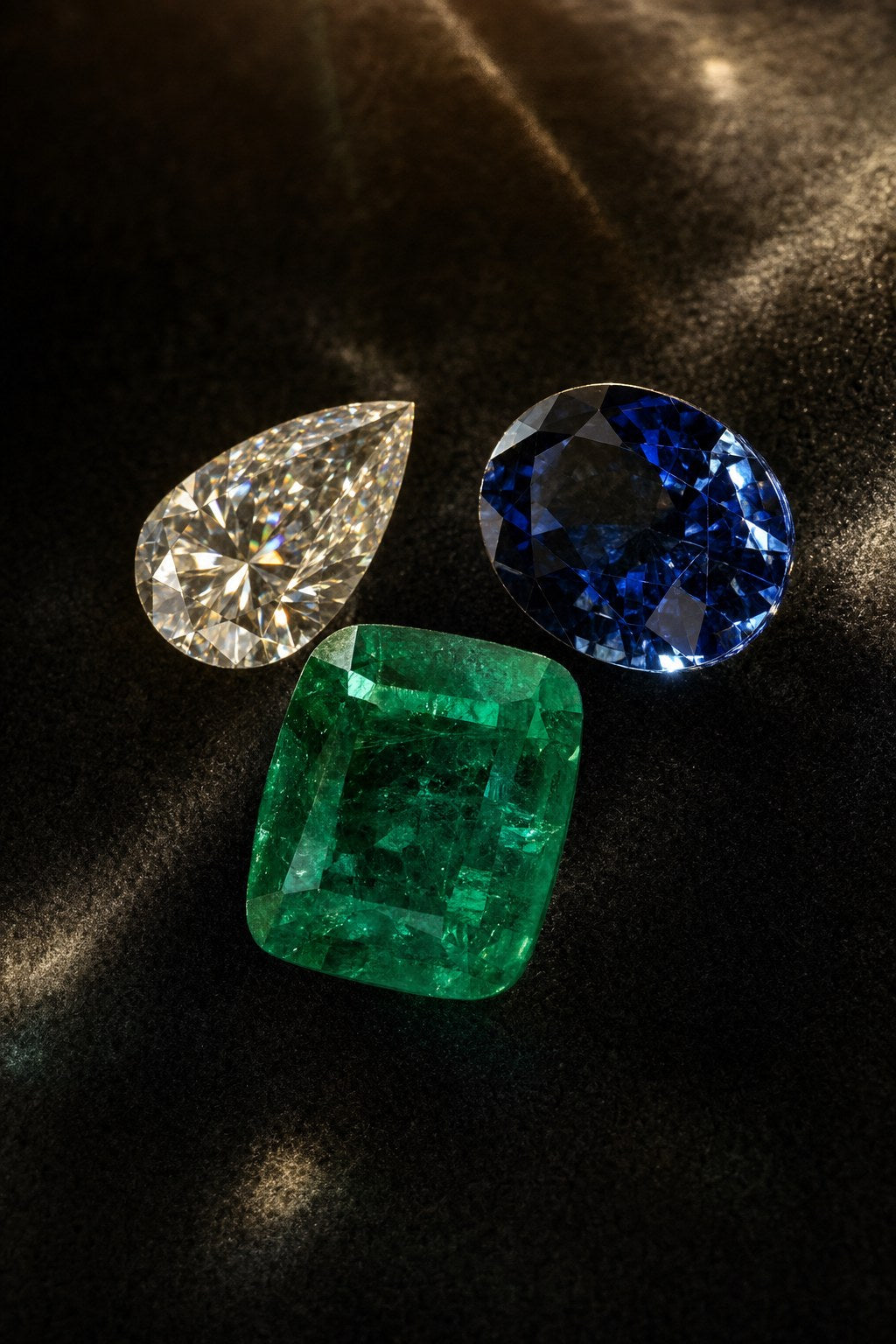 Emerald, sapphire and pear diamond on black velvet