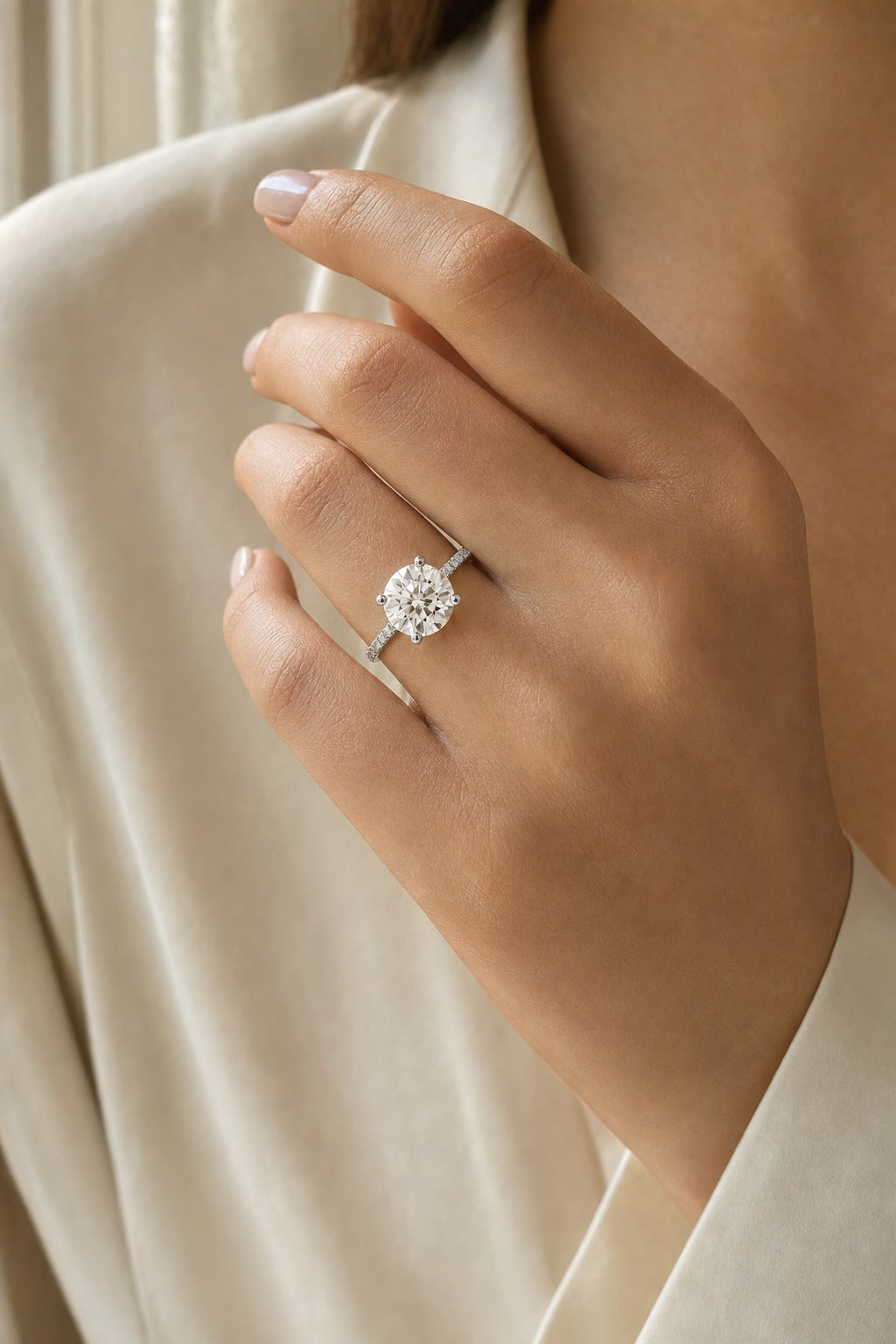 Hidden Halo & Pavé Round Engagement Ring 1 CT — Maison ÉLAN — worn
