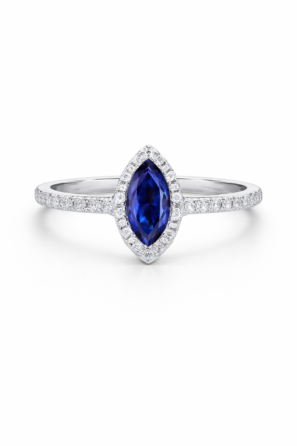 Ring with a blue sapphire and diamond-studded band marquise cut