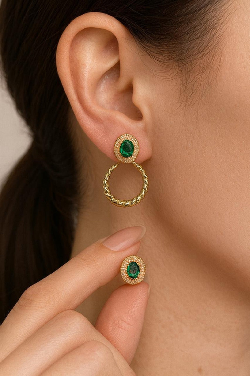 Éliane — Convertible Emerald & Diamond Earrings — Maison ÉLAN fine jewelry, view 2