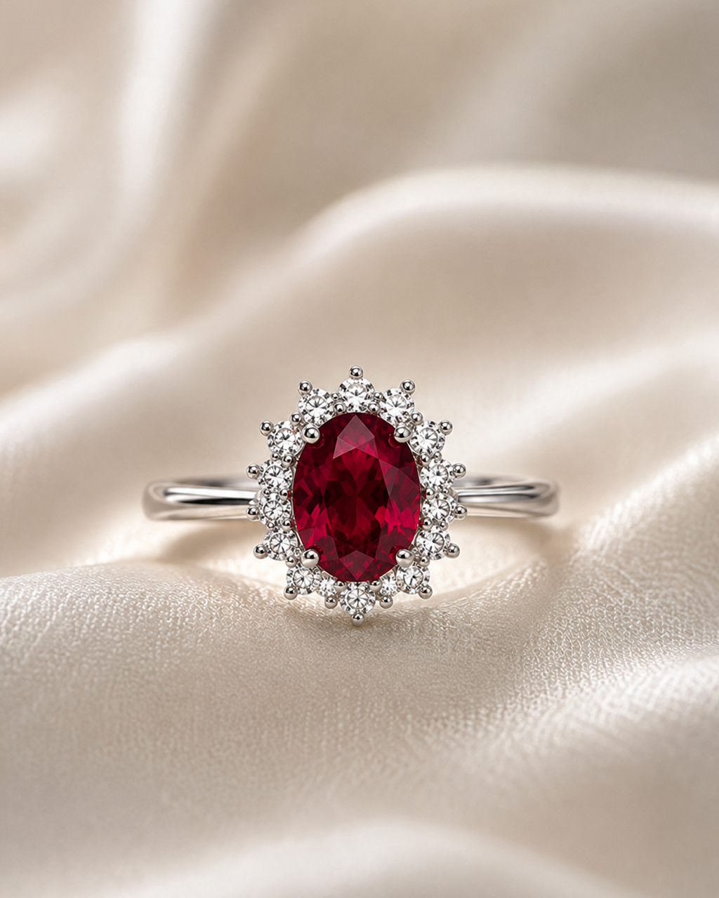 An oval-cut red gemstone ring with a halo of small clear stones, set on a polished silver band, resting on draped cream-colored satin fabric.